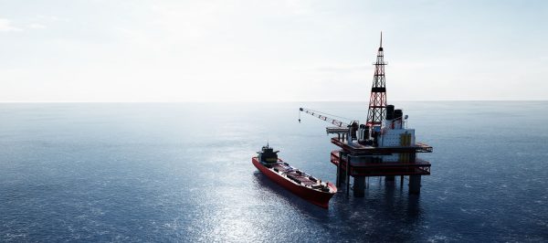 Oil platform on the ocean. Offshore drilling for gas and petroleum or crude oil. Industrial